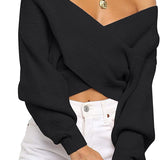 Women's Long Sleeve Wrap Casual Off Shoulder Crop Knitted Pullover Sweater