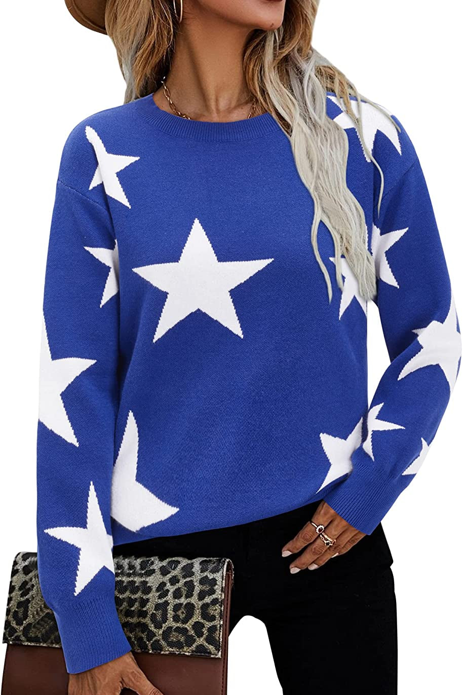 Women's Casual Leopard Print Sweater Loose Long Sleeve Crew