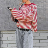 Striped Color Block Crew Neck Loose Long Sleeve Tee
