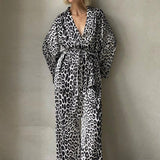 Chic Printed Long-Sleeve Shirt Belted Wide-Leg Pants Two Piece Set