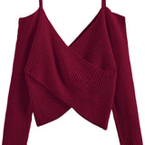 Women's V-Neck Criss Cross Twisted Back Pullover Knitted Crop Sweater