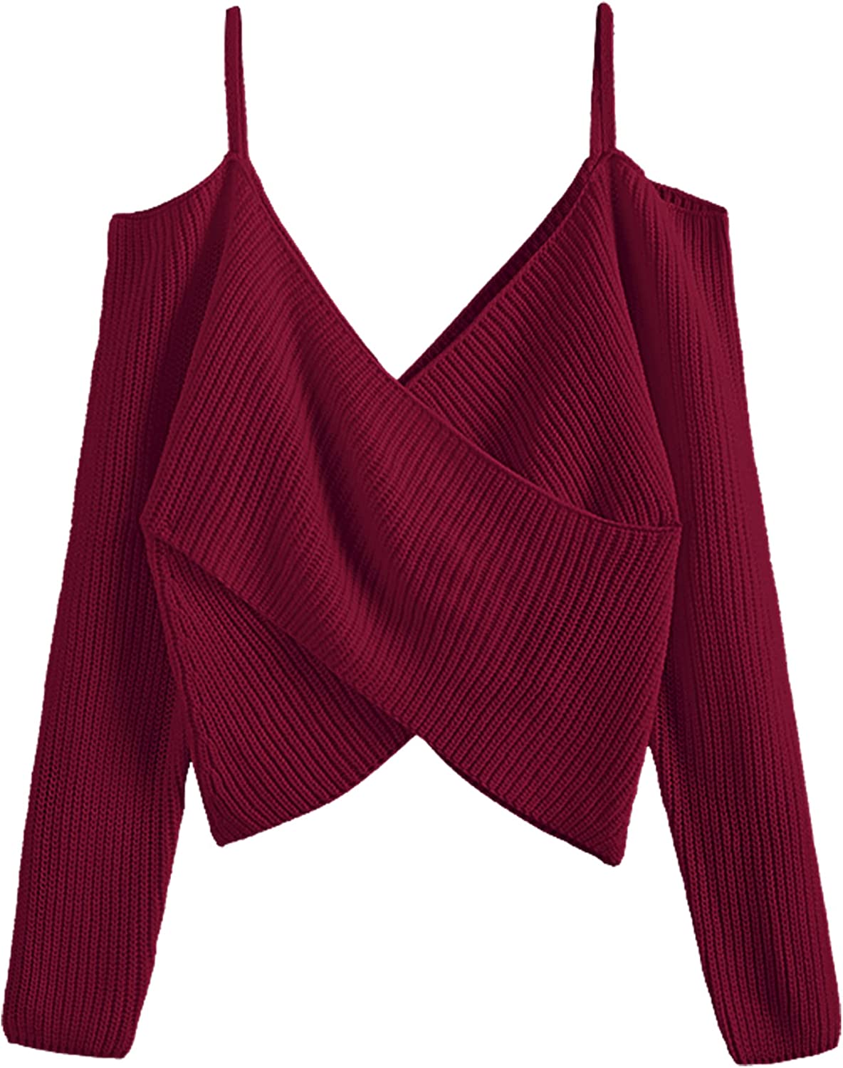 Women's V-Neck Criss Cross Twisted Back Pullover Knitted Crop Sweater