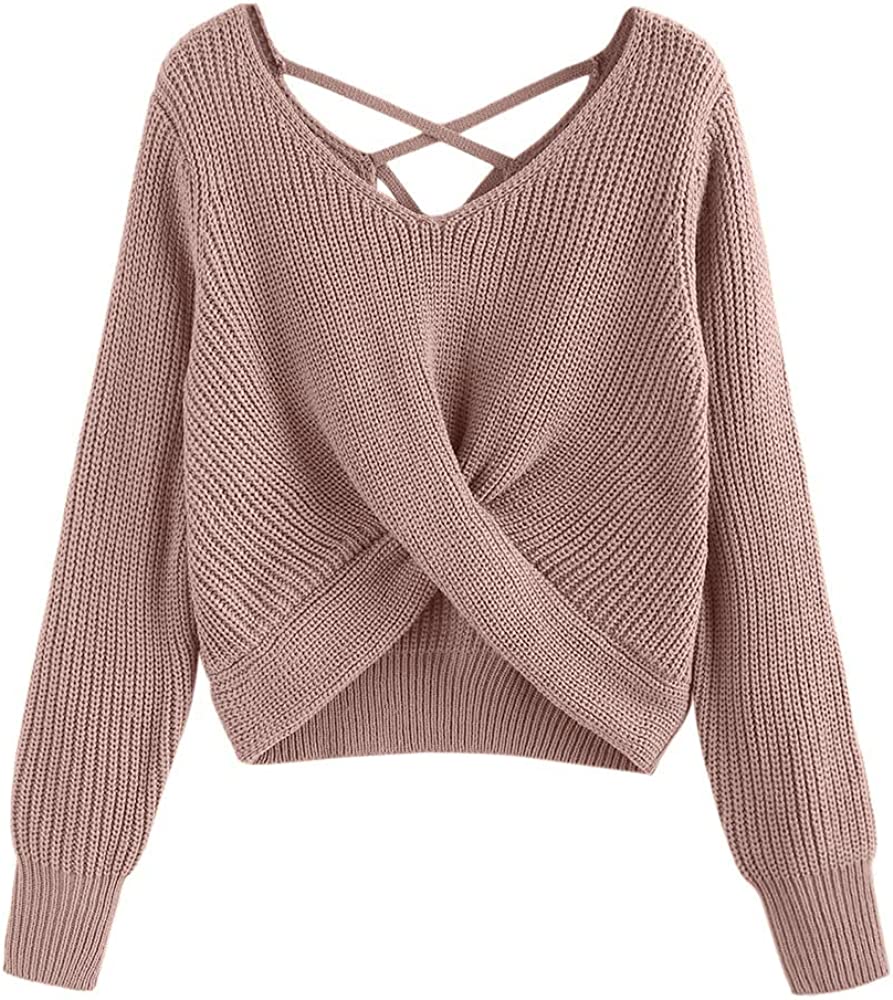 Women's V-Neck Criss Cross Twisted Back Pullover Knitted Crop Sweater