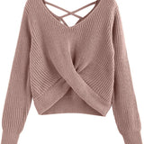 Women's V-Neck Criss Cross Twisted Back Pullover Knitted Crop Sweater