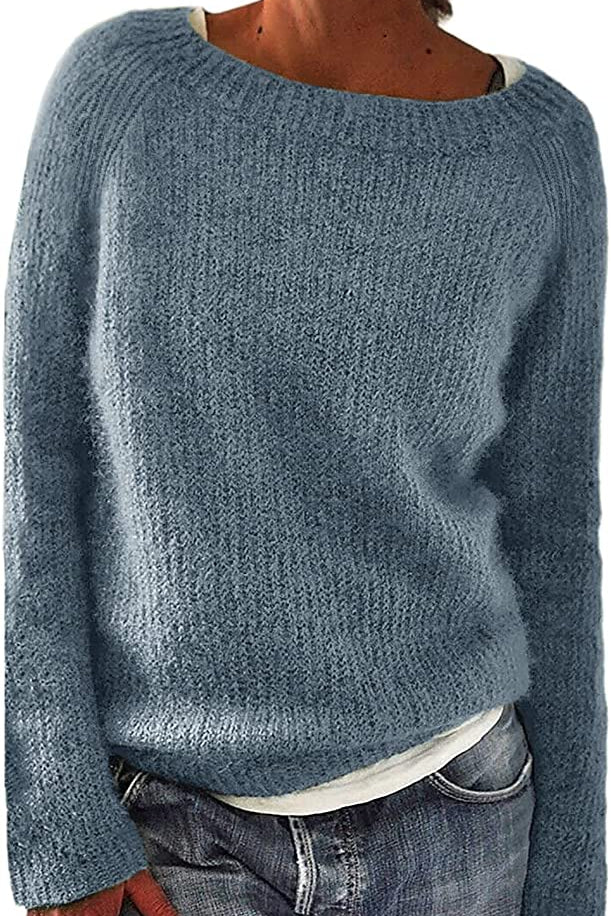 Women Loose Casual Pullover Knit Sweater Boat Neck Long Sleeve Winter Keep Warm Sweater Tops