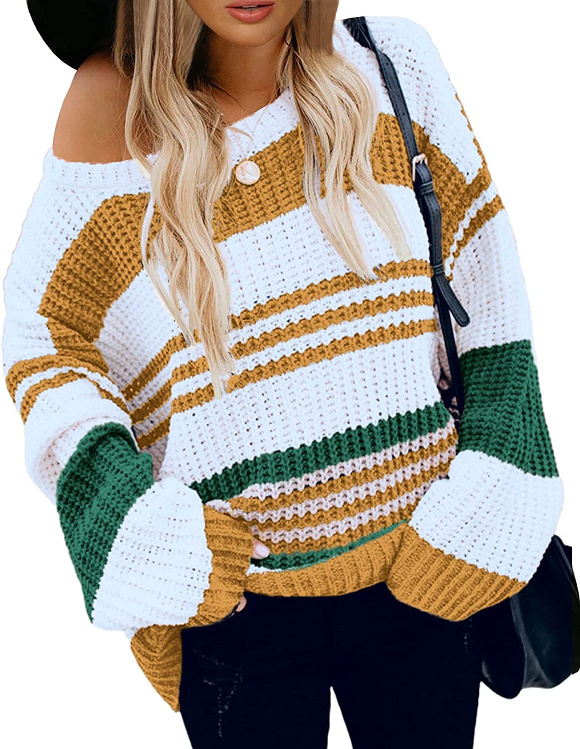 Women’s Stripe Color Block Short Long Sleeve Stitching Sweater
