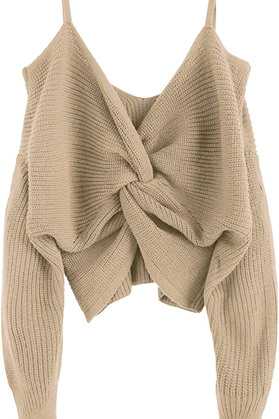 Women's V-Neck Criss Cross Twisted Back Pullover Knitted Crop Sweater