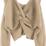 Women's V-Neck Criss Cross Twisted Back Pullover Knitted Crop Sweater