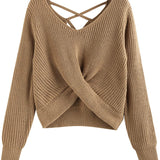 Women's V-Neck Criss Cross Twisted Back Pullover Knitted Crop Sweater