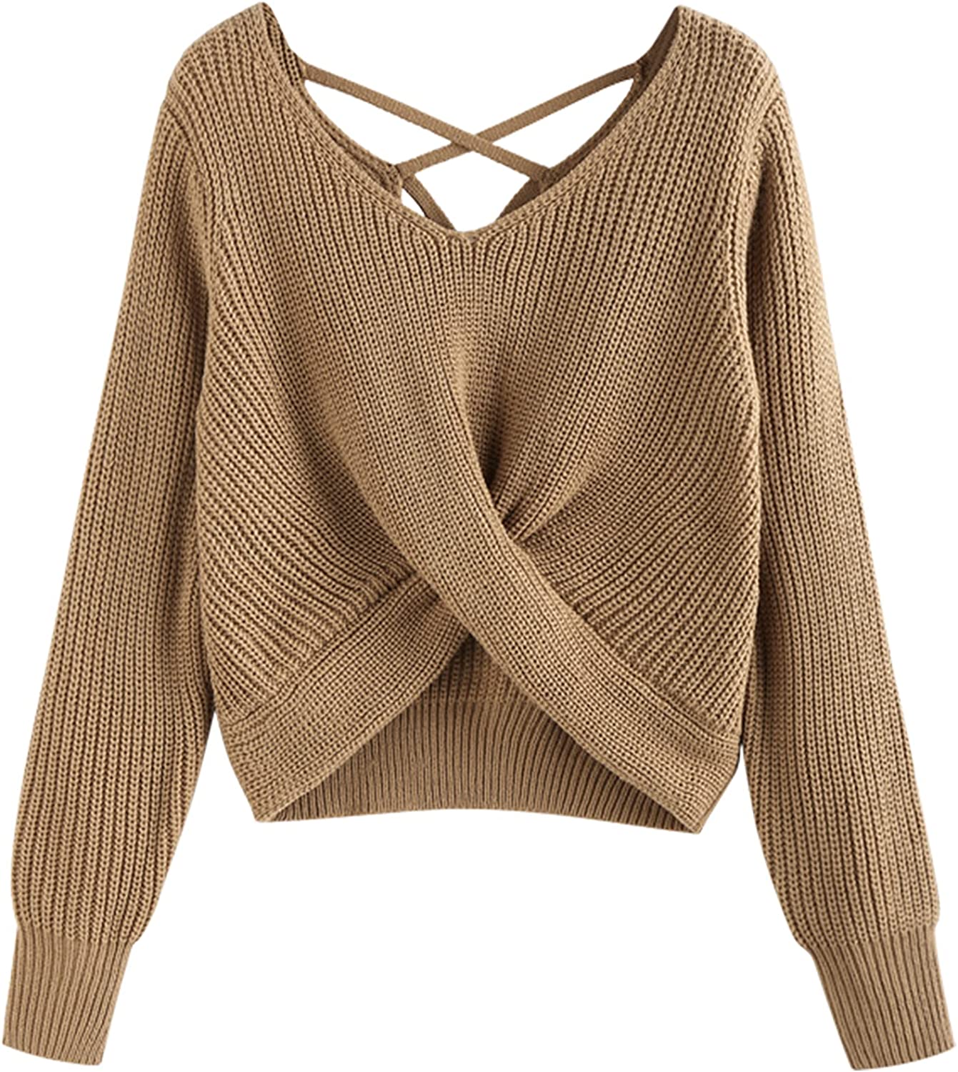 Women's V-Neck Criss Cross Twisted Back Pullover Knitted Crop Sweater
