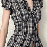 British Plaid Ruffled V Neck Puff Sleeve Blouse