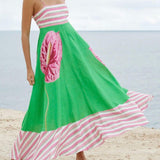 Floral Print Paneled Striped Suspender Mixi Dress