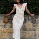 French Ruffle V Neck Knit Pastoral Maxi Dress