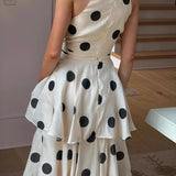 Polka Dot Halter Sleeveless Top Tiered Skirt Set