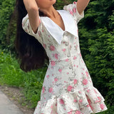 Lapel Short Sleeve Mini Floral Dress