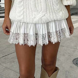 Solid Balletcore Pleated Lace Trim Mini Skirt