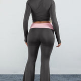 Rhinestone Color Block Crew Neck Two Piece Set