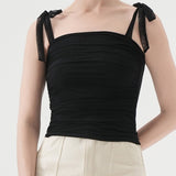 Polka Dot Halter Cropped Ruched Tie Front Tank Top