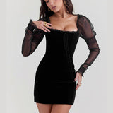 Gothic Wooden Ear Edge Wrap Hip Mesh Long Sleeve Square Neck Ruched Bodycon Mini Dress