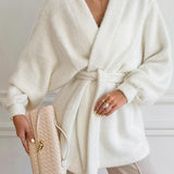 White Fuzzy Tie Waist Mid-Length Relaxed Cardigan