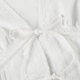 Lace Paneled Ruched Puff Sleeve Tie Blouse