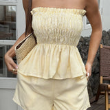 Casual Minimalist stripe Tube Ruffle Shorts Two Piece Set