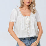 Lace Trimmed Tie Front Blouse