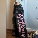 Vintage Print High Waist Wide Leg Jeans