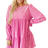 Strawberry Pink Flounce Sleeve Tiered Ruffled Velvet Mini Dress