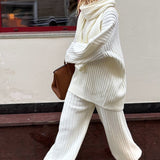 Relaxed Fit V Neck Ribbed Sweater with Pants Two Piece Pants Set
