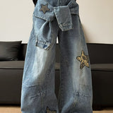 Leopard Print Patchwork Tie Loose Wide Leg Retro Jeans