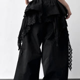 Lace Skirt Hem Trim Wide Leg Casual Pants