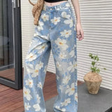 Washed Floral Print Baggy Jeans