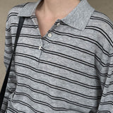 Soft Wool Striped Polo Collar Long Sleeve Long Sleeve Tee
