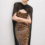 Leopard Sequin Sheer Cape Spaghetti Strap Backless Prom Dress