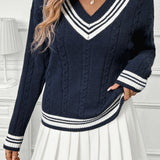 Contrast V-Neck Cable Knit Sweater
