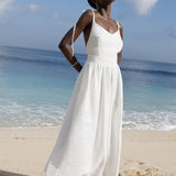Cotton V Neck Spaghetti Strap Elegant Tie Backless Midi Dress