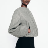 Faux Wool Short Zip Bomber Jacket