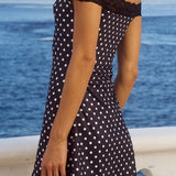 Off-Shoulder Lace Trim Polka Dot Bodycon Mini Dress