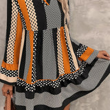 Black Striped Polka Dot Print Ruffled Hem V Neck Mini Dress