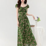 Retro Slim Green V-Neck Floral Dress