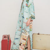 Modern Satin Art Island Print Slit Maxi Dress