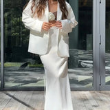 White Satin Long Sleeve Skirt Office Two Piece Set