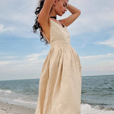 Cotton V Neck Spaghetti Strap Elegant Tie Backless Midi Dress