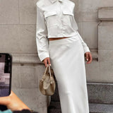White Slim Lapel Floor Skirt Office Two Piece Set