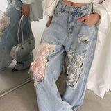 Lace Patchwork Ripped Loose Jeans