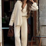 Knit Ribbed Collar Long Sleeve Loose Two Piece Set