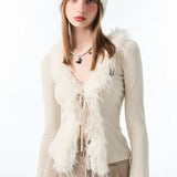 Lace-Up V Neck Plush Cardigan