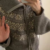 Ribbed Knit Fair Isle Zip Cardigan