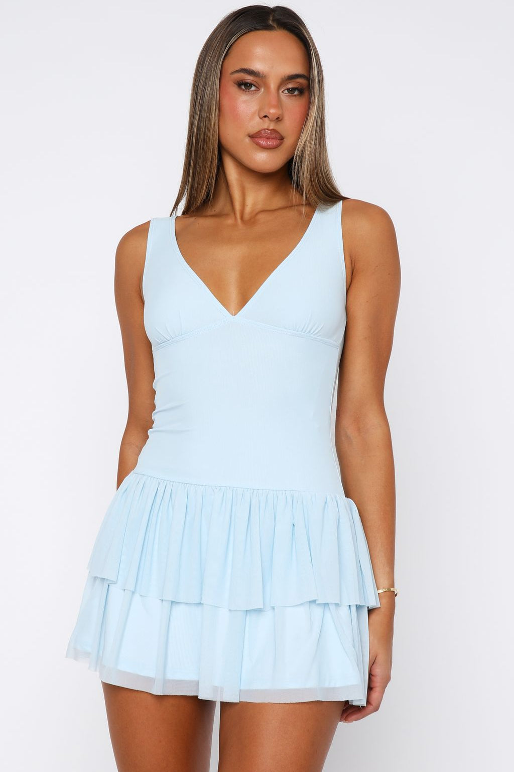 Guessing Games Mesh Mini Dress Baby Blue